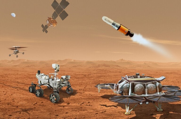 An artist’s conception of multiple robotic vehicles teaming up to return samples of rocks and soil, collected from the Martian surface by NASA's Mars Perseverance rover, to earth.