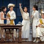 From left, Kim Blanck, Jenn Colella, Shaina Taub, Nadia Dandashi and Jaygee Macapugay in the musical “Suffs” at the Music Box Theater in Manhattan.