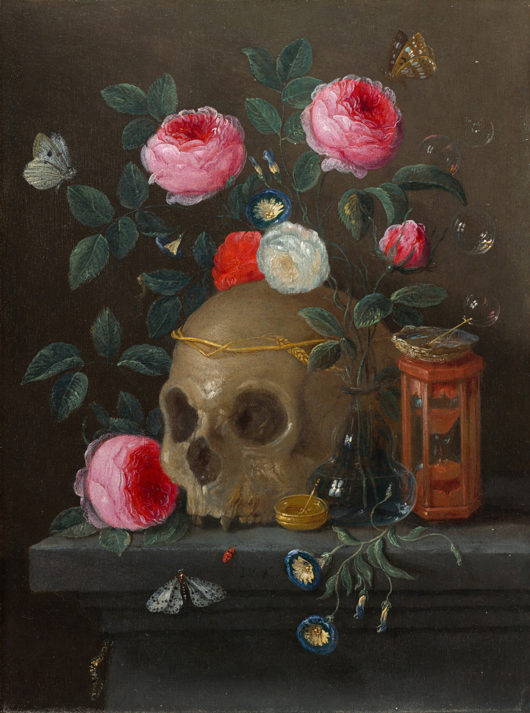 A painting of a skull next to an hourglass with flowers, butterflies and bubbles around it.