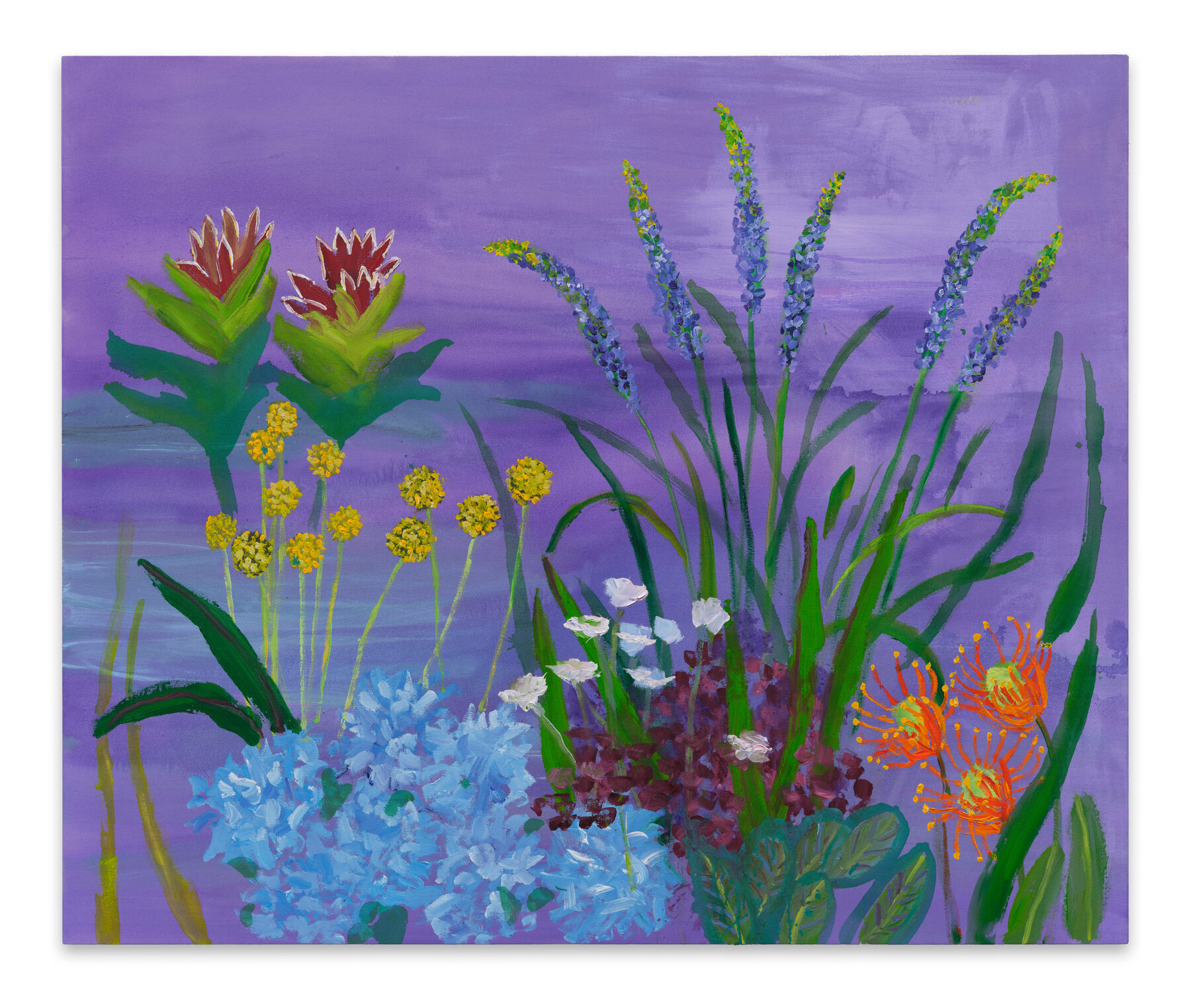 A floral painting with a purple background.