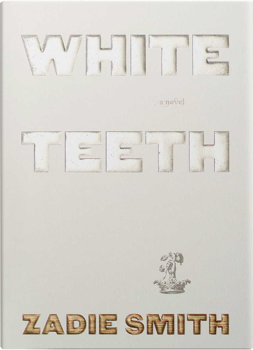The cover of the book "White Teeth" with a white background and the title of the book embossed silver.