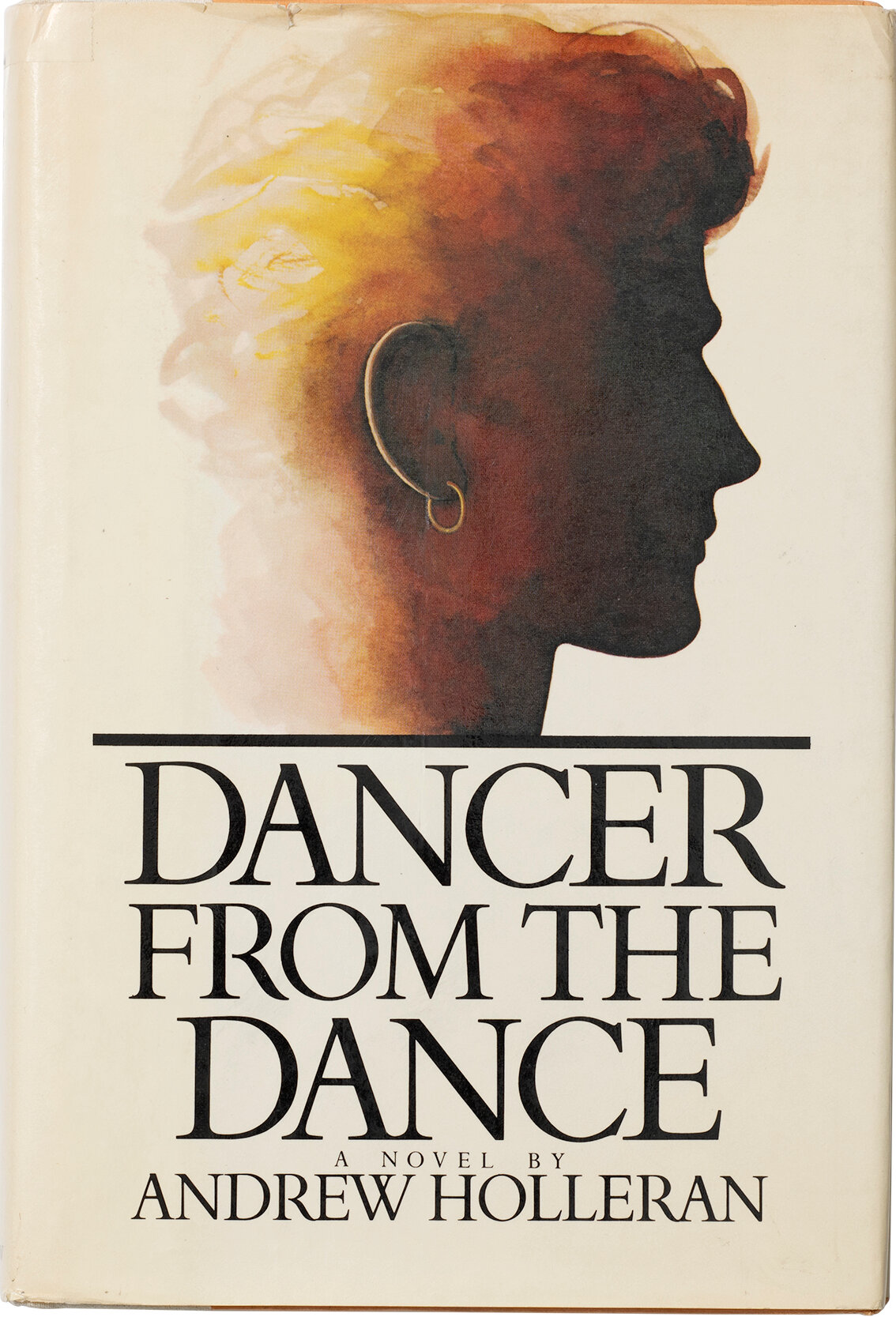 The cover of the book "Dancer From the Dance" with an illustration of a head with short ginger hair and an earring partially silhouetted in profile.