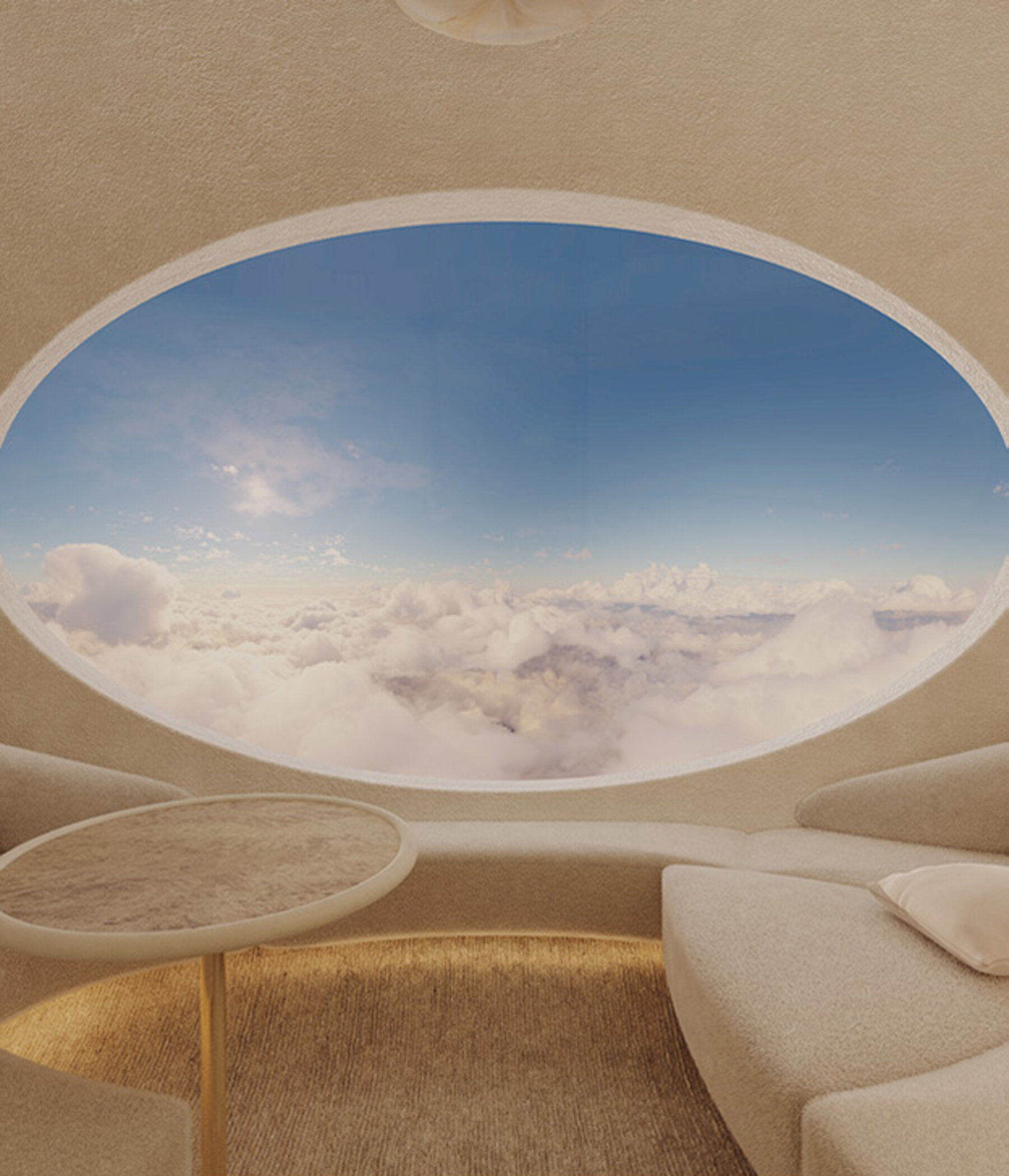 A rendering of the interior of a hot air balloon, with a tufted carpet, a circular table and a curved upholstered bench. An oval window looks onto the top of clouds.