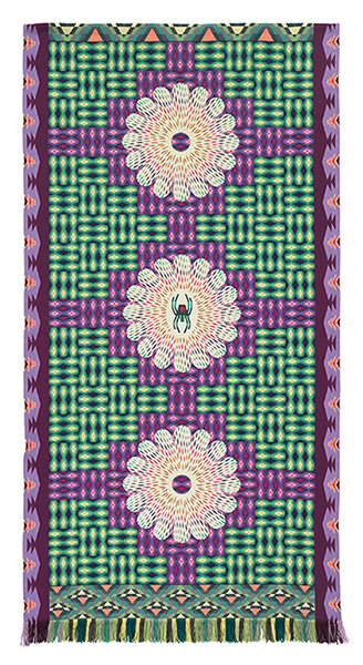 A textile artwork with patterns of green and purple bars and three circular patterns with a spider in the center.