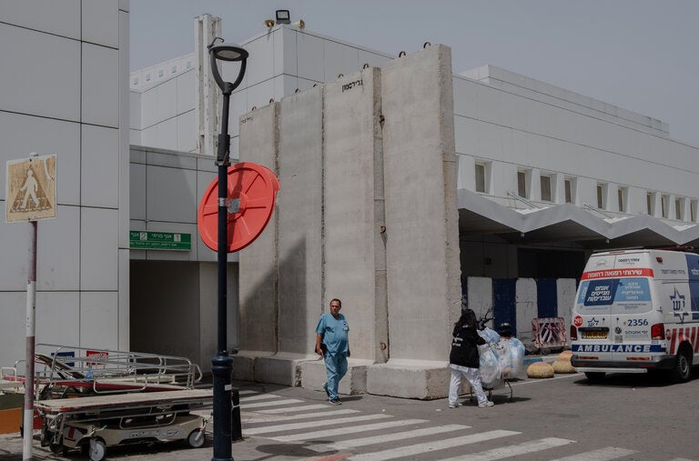 Concrete barricades outside one of the entrances to Galilee Medical Center in northern Israel in April.