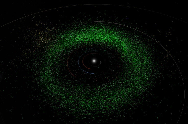 An algorithm and cloud computing identified overlooked space rocks. Most, in green, are in the main asteroid belt between Mars and Jupiter, but other items in orange share Jupiter’s orbit, and items in light blue are closer to Earth.