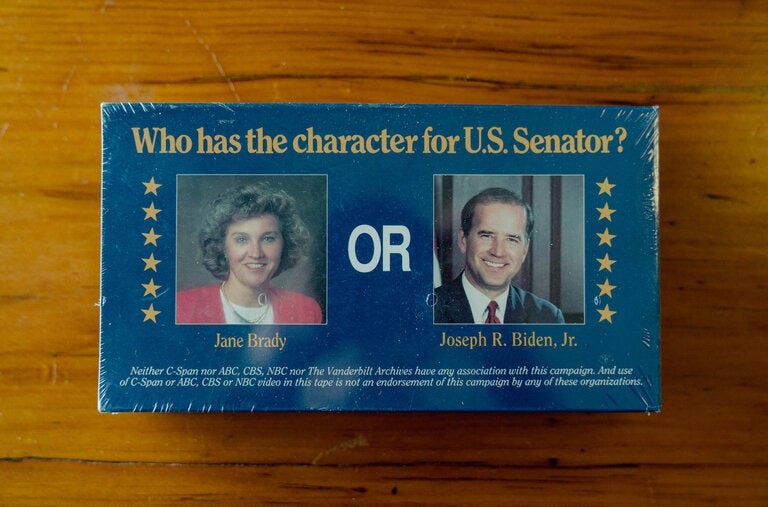 A VHS tape containing clips of unflattering news coverage of Joe Biden that Jane Brady, his Republican opponent in 1990, mailed to Delaware voters during her campaign. 