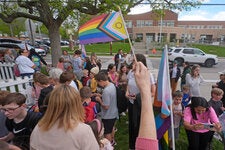 Parents and students at Bonneville Elementary School in Salt Lake City attending a block party supporting transgender and nonbinary students and staff members. A law set to take effect in Utah would bar transgender people from using bathrooms and locker rooms matching their gender identity. 