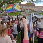 Parents and students at Bonneville Elementary School in Salt Lake City attending a block party supporting transgender and nonbinary students and staff members. A law set to take effect in Utah would bar transgender people from using bathrooms and locker rooms matching their gender identity. 