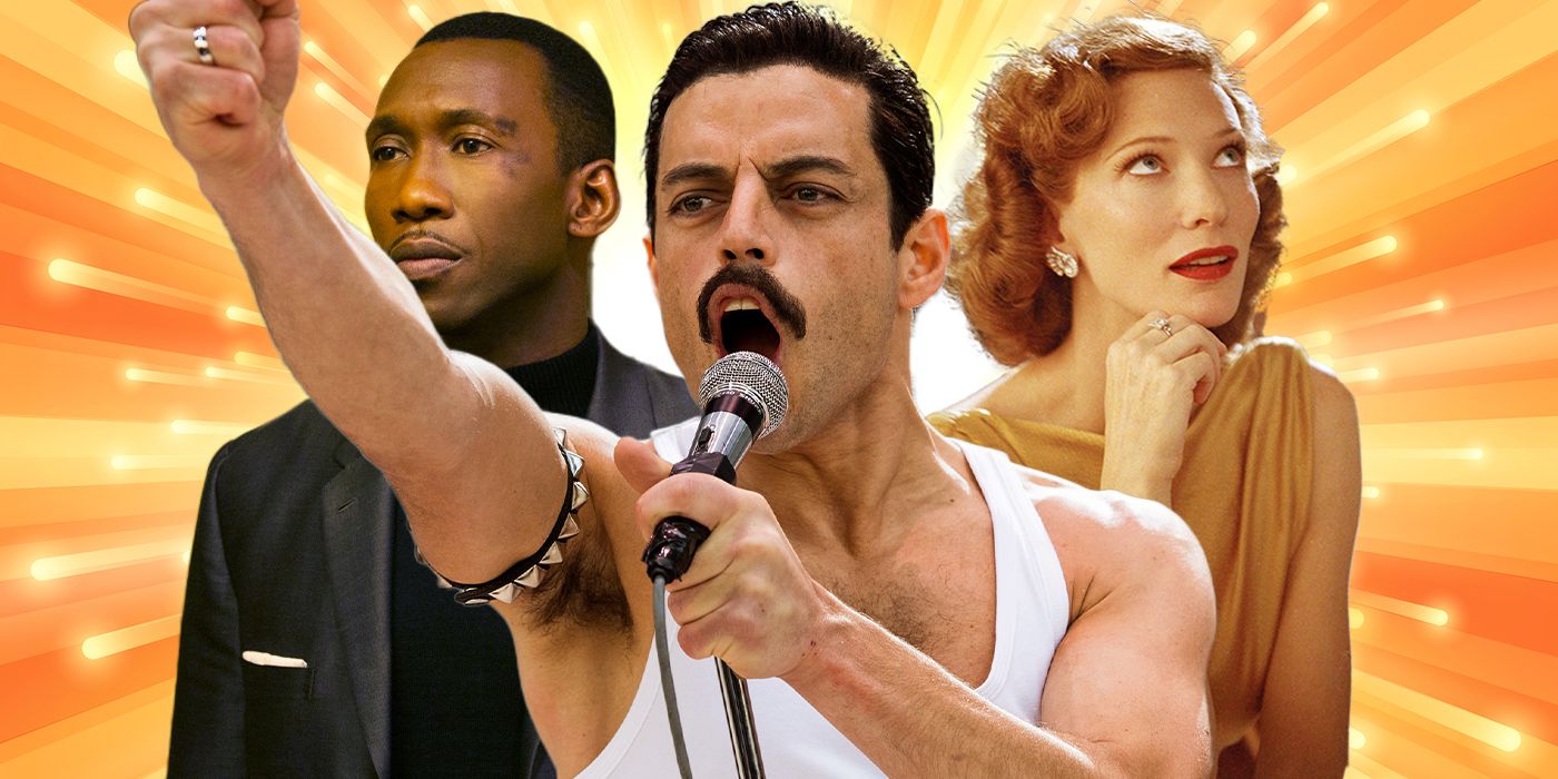 Blended image showing characters from Green Book, Bohemian Rhapsody, and The Aviator.