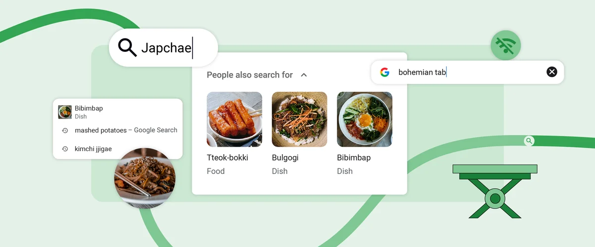 Zoomed in image of searching in Chrome with topics including “Japchae” and “bohemian table” with corresponding results.