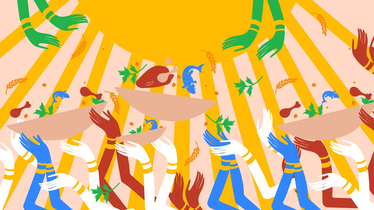 Illustration of a sea of hands holding up bowls with pieces of food hovering above them and jumping out (fish, meat, herbs) and a background of warm orange that looks like the rays of the sun.