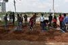 A large group of people plants trees in front of a lake.