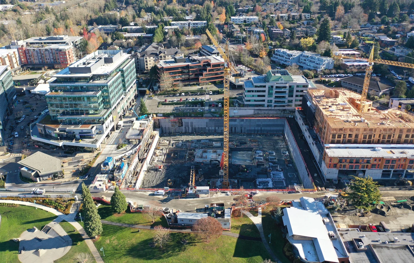 An overhead photo of a construction site in Kirkland, Washington
