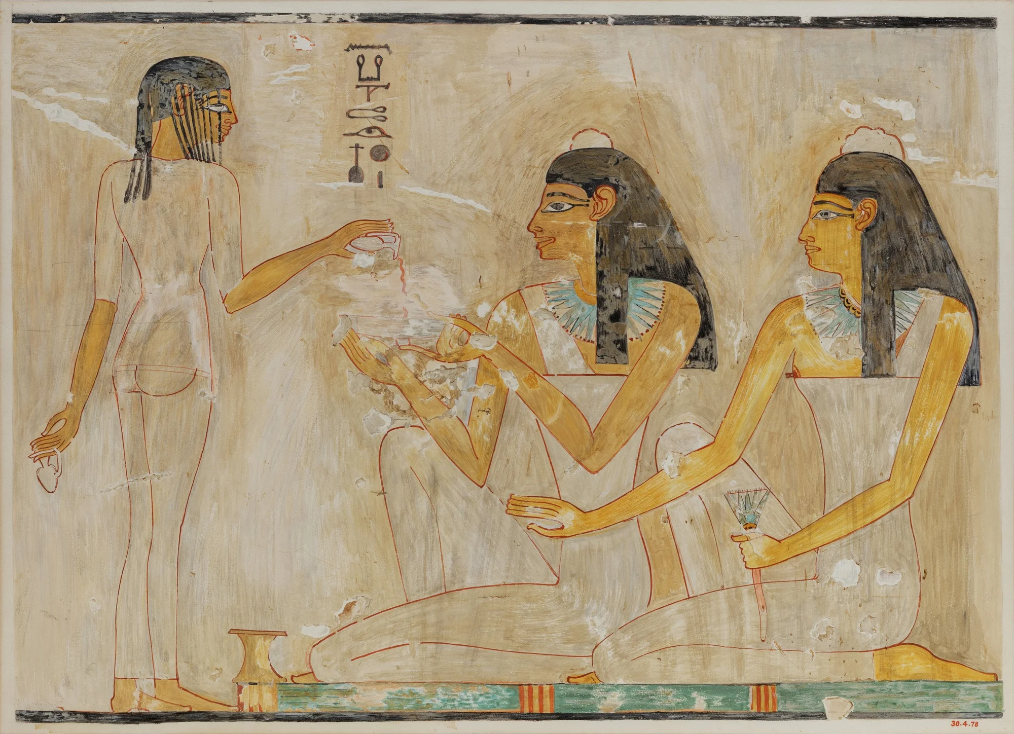 Ancient Egyptian painting depicting a celebratory gathering where individuals converse and share refreshments.