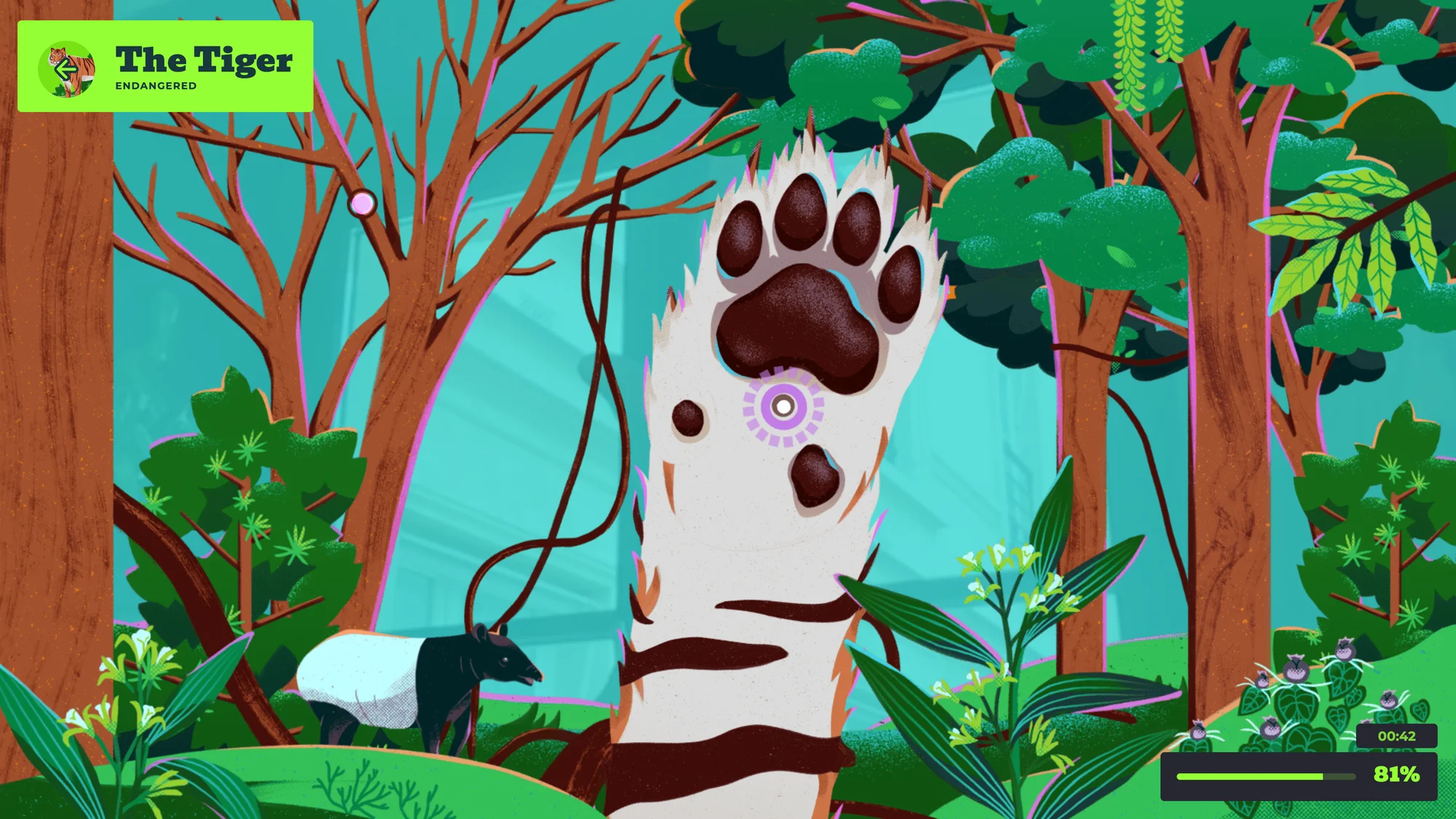 An illustration of a green forest, with plants in the foreground, trees in the background, and a Tapir to the left. In the center, a giant tiger paw is helping to revive some dead trees with new leaves.