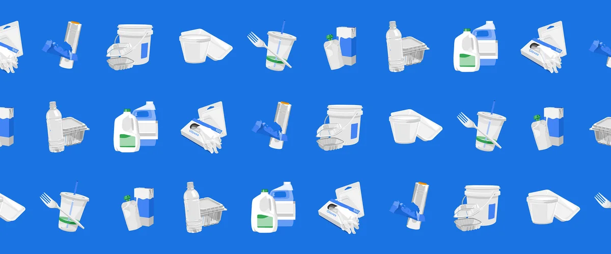 Small illustrations of food plastic waste against a blue background