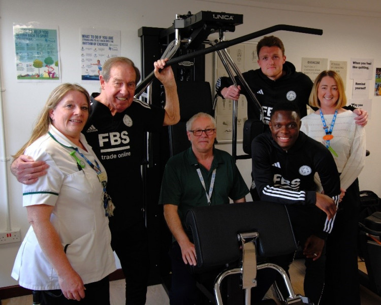 Leicester City's Alan Birchenall, Patson Daka and Harry Souttar try out the equipment with LPT staff (from left) Sarah Berrington, Mark Shenton and Louise Short.