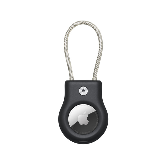 Musta Belkin Secure Holder ‑pidike kaapelilla, AirTag paikallaan ja Applen logo näkyvissä.