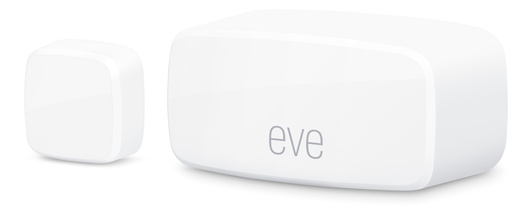 Die kompakten Eve Wireless Kontaktsensoren für Türen und Fenster, in der Matter-Version, mit deutlichem Eve Logo.