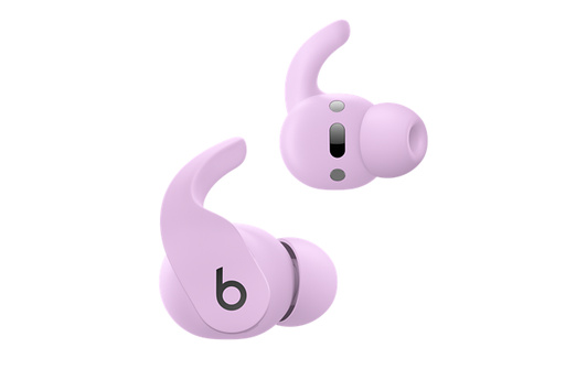 Skutečně bezdrátová sluchátka Beats Fit Pro v kamenně fialové s viditelnými ovládacími prvky na vyřizování hovorů a ovládání přehrávání hudby. 