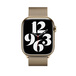 Etunäkymä milanolaisrannekkeesta, jossa näkyy Apple Watchin kellotaulu ja Digital Crown.