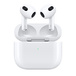 Front view of AirPods (3rd generation) above an open Charging Case, fully charged. 