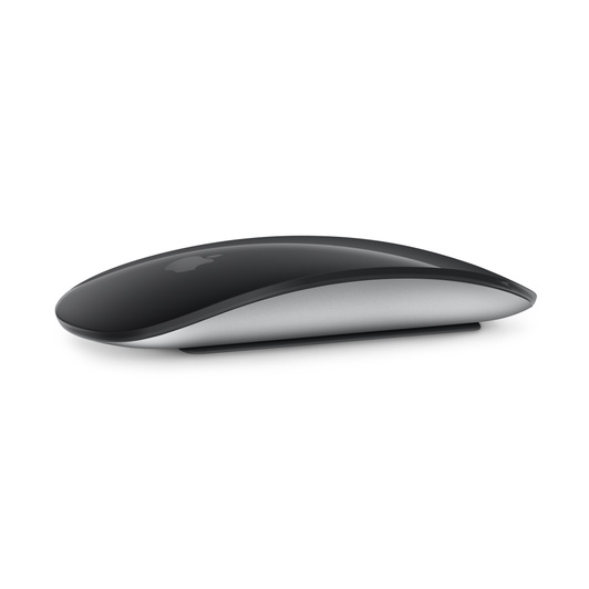 Magic Mouse in Black, showing its curved design and Multi-Touch Surface.
