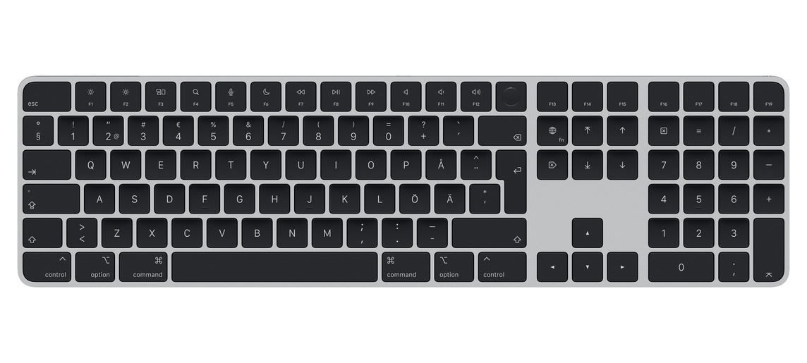 Musta numero­näppäimistöllä varustettu Magic Keyboard, jossa on nuolinäppäimet ja omat sivu ylös- ja sivu alas ‑näppäimet.