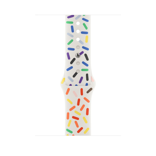 Pasek sportowy Pride Edition w kolorze białym z akcentami w postaci owalnych kształtów w różnych kolorach tęczy, wykonany z gładkiej gumy z fluoroelastomeru z zapięciem z napą i szlufką