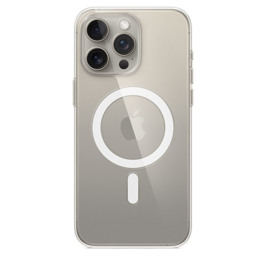 Funda transparente con MagSafe acoplada a un iPhone 15 Pro Max en titanio natural.
