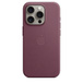 iPhone 15 Pro FineWoven Case with MagSafe in Mulberry, embedded Apple logo in centre, attached to iPhone 15 Pro Natural Titanium finish, seen through camera cut-out.