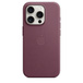 iPhone 15 Pro FineWoven Case with MagSafe in Mulberry, embedded Apple logo in centre, attached to iPhone 15 Pro White Titanium finish, seen through camera cut-out.