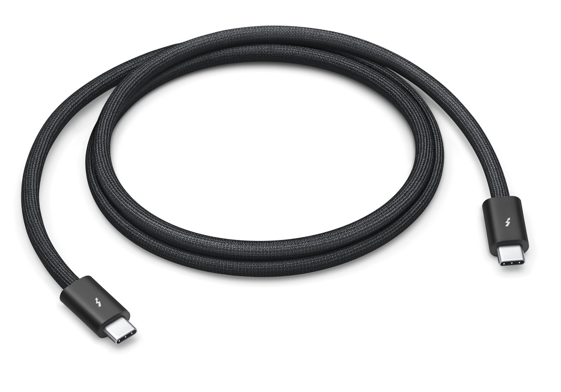 Thunderbolt 4 Pro Cable (1 metre) features a black braided design that coils without tangling, and can transfer data at up to 40 gigabytes per second.