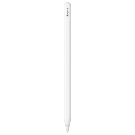 Apple Pencil (USB-C), valkoinen, päässä tulppa, jonka kaiverruksessa lukee Apple Pencil, ja Apple-sanan tilalla on Apple-logo