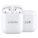 Front view of AirPods (2nd generation) in an open Charging Case with engraving, next to a closed Charging Case with engraving. 