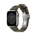 Kaki (greenish brown) Kilim Single Tour strap, showing Apple Watch face and digital crown.