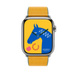 Jaune d’Or/Bleu Jean (yellow) Twill Jump Single Tour strap, showing Apple Watch face.