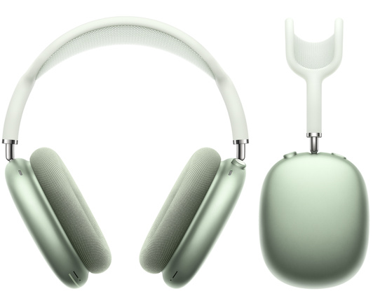 Widziane z przodu AirPods Max w kolorze zielonym obok widzianej z boku obudowy słuchawek AirPods Max.