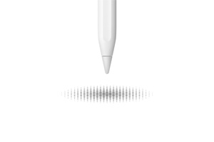 Hrot Apple Pencilu držený nad skupinou svislých čar