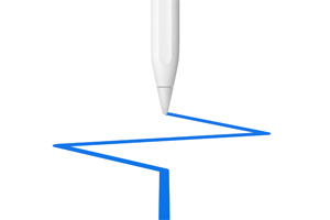 Az Apple Pencil hegye, amely egy enyhén hullámos, vékony kék vonalat rajzol