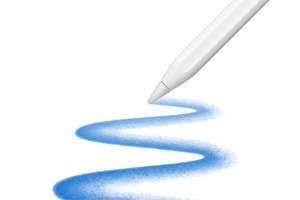 Tuppen på Apple Pencil, vinklet, og en tegning med en buet, bred strek i blå