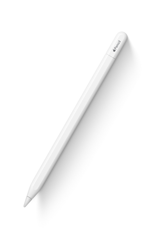 Apple Pencil (USB-C) bianca, sul tappo è incisa la scritta Apple Pencil, la parola Apple è sostituita dal logo Apple