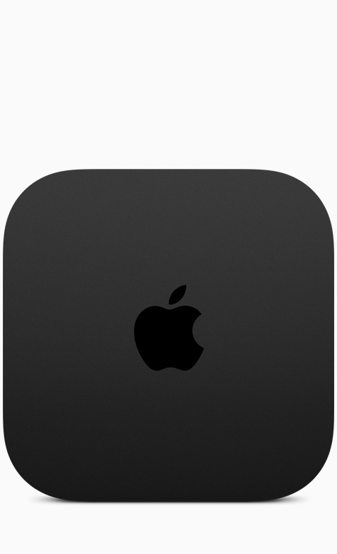 Czarne Apple TV 4K, kwadratowy wierzch urządzenia, zaokrąglone rogi, wygrawerowane logo Apple. Płaskie, gładkie boki.