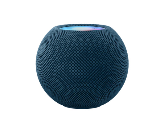 Vista frontal de un HomePod mini en azul.