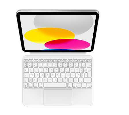 Magic Keyboard Folio, blanc, touches fléchées en T inversé, trackpad intégré, iPad fixé, orientation paysage
