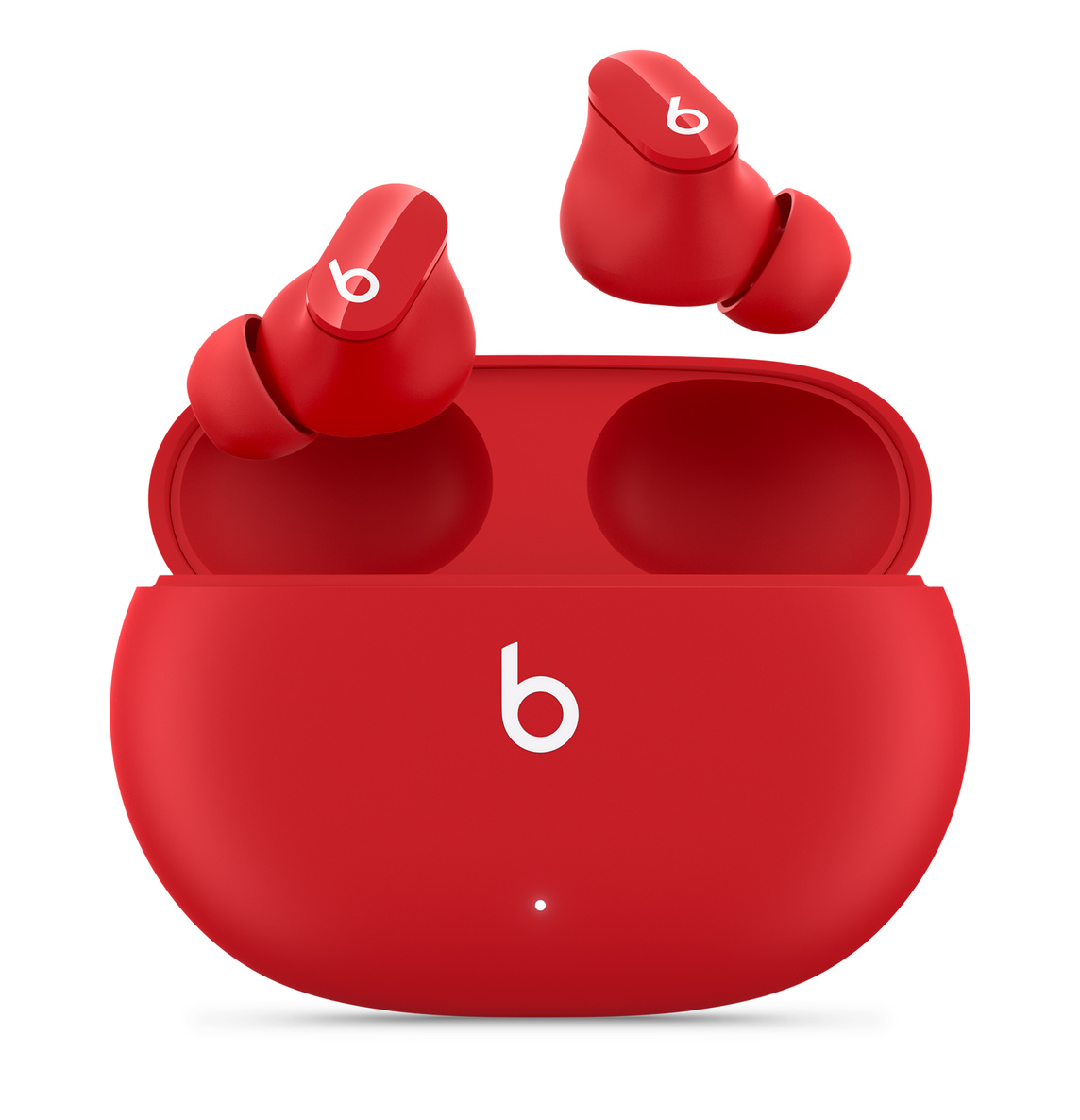 Beats Studio Buds True Wireless Noise Cancelling Earphones in Red, with Beats logo, above convenient charging case.