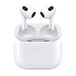 Front view of AirPods (3rd generation) above an open Charging Case, fully charged.