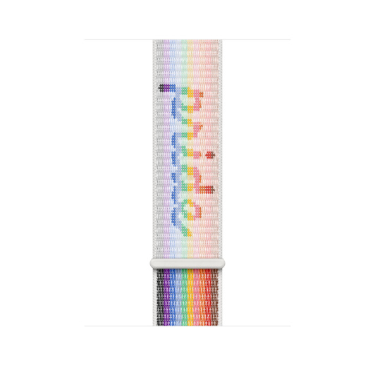 Pulseira loop esportiva edição Orgulho (arco-íris), nylon trançado com listras nas cores do arco-íris e a palavra “pride” escrita no tecido, fecho fácil de ajustar