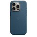 iPhone 15 Pro FineWoven Case with MagSafe in Pacific Blue, embedded Apple logo in centre, attached to iPhone 15 Pro Natural Titanium finish, seen through camera cut-out.